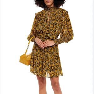 NICHOLAS Abbey Ruffled Printed Crepe Mini Dress In Mustard Yellow w/ Belt SZ 0
